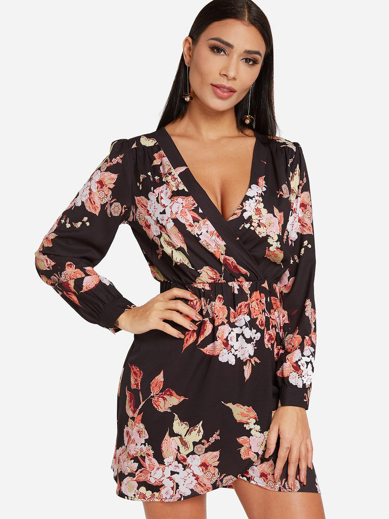 Black Deep V Neck Long Sleeve Floral Print Crossed Front Slit Hem Dresses