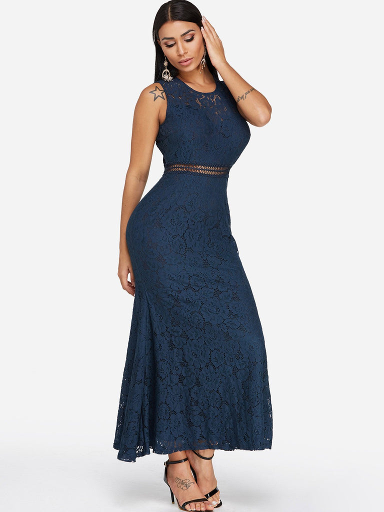 Navy Round Neck Sleeveless Lace Hollow Pleated Ruffle Hem Sexy Dress
