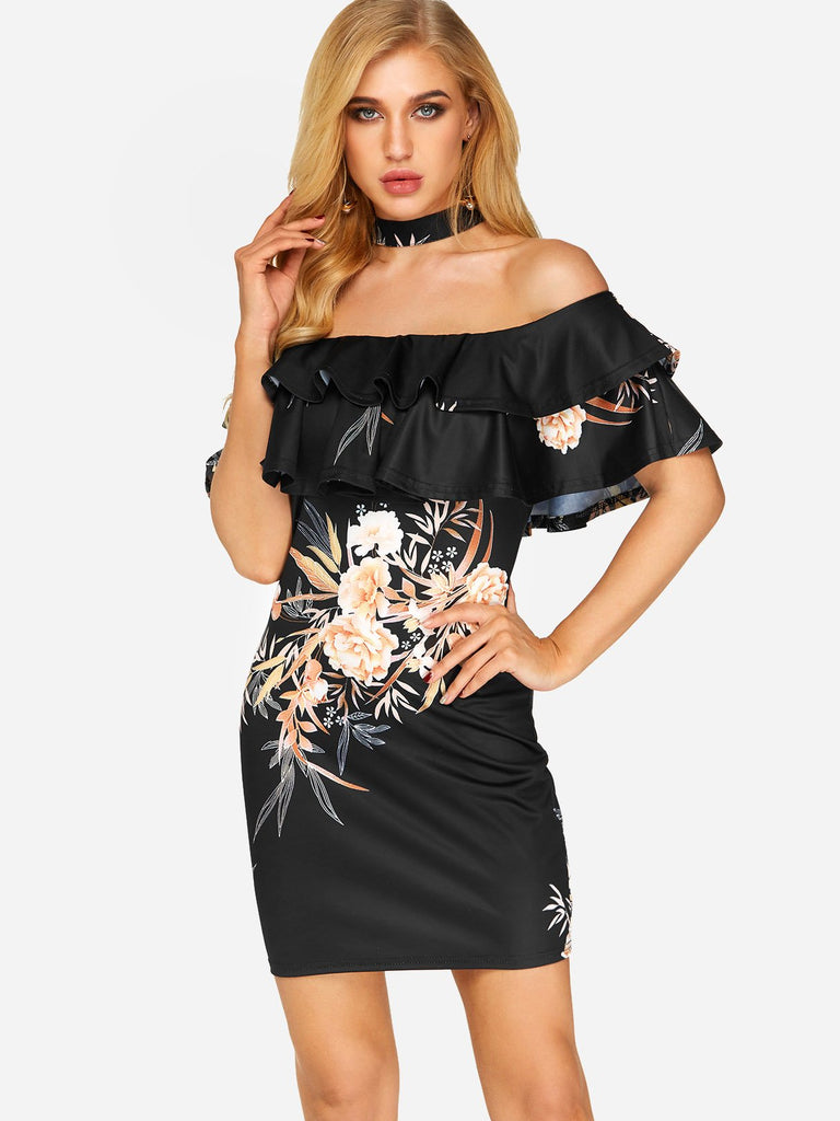 Black Off The Shoulder Short Sleeve Floral Print Bodycon Dresses