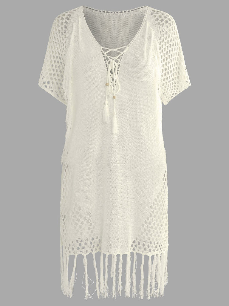 White V-Neck Tassel Hollow Lace-Up Beachwear