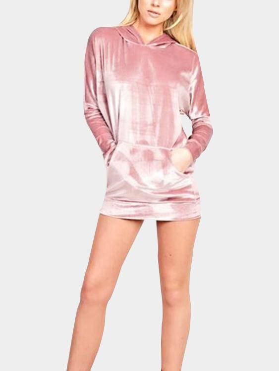 Long Sleeve Plain Hooded Mini Dress