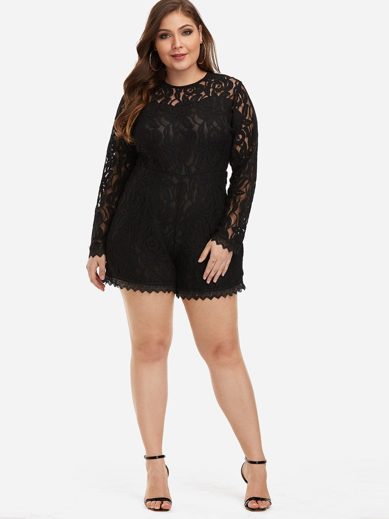 Round Neck Plain Lace Long Sleeve Black Plus Size Bottoms