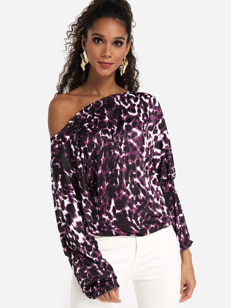 One Shoulder Leopard Long Sleeve Purple T-Shirts