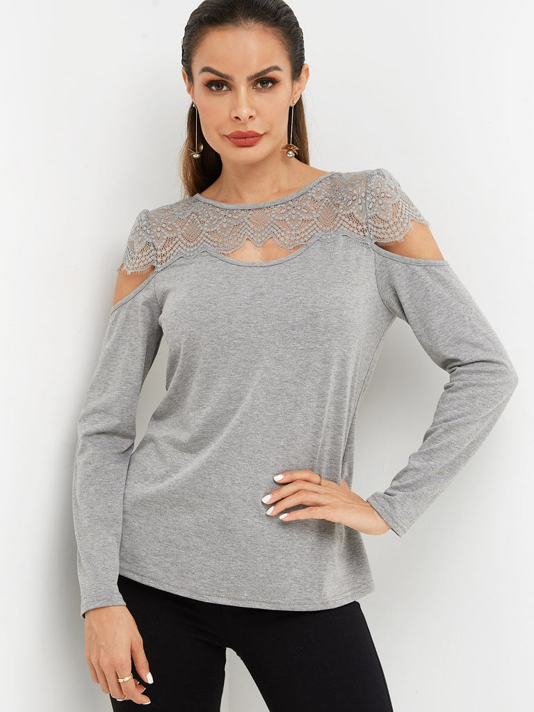 Round Neck Plain Lace Hollow Long Sleeve Grey T-Shirts