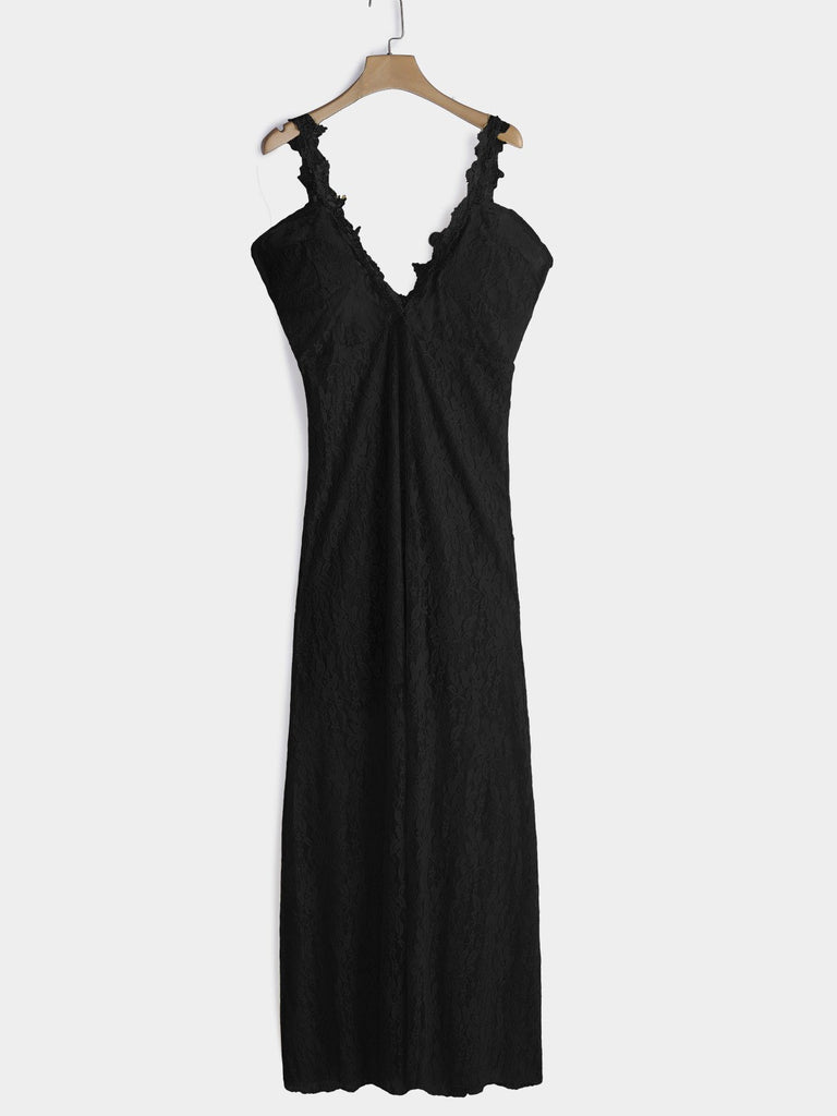 Black Deep V Neck Sleeveless Crochet Lace Embellished Zip Back Backless Hollow Maxi Dress