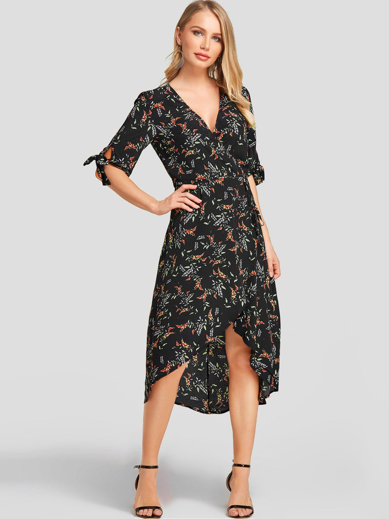 Black Deep V Neck Half Sleeve Floral Print Self-Tie Wrap Irregular Hem Dresses