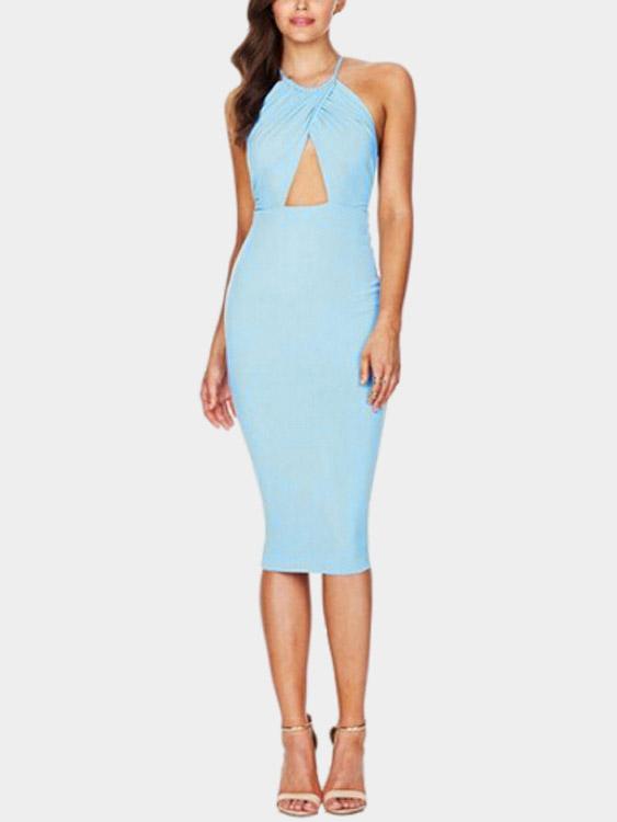 Blue Halter Sleeveless Backless Bodycon Dresses