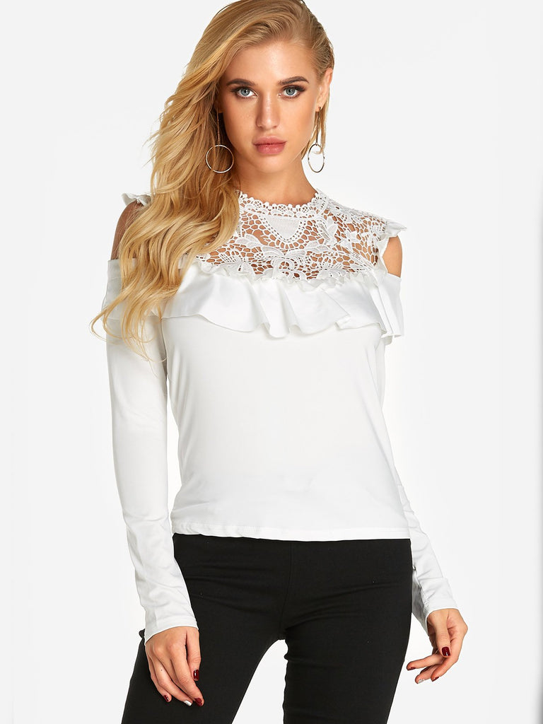Crew Neck Plain Lace Tiered Long Sleeve T-Shirts
