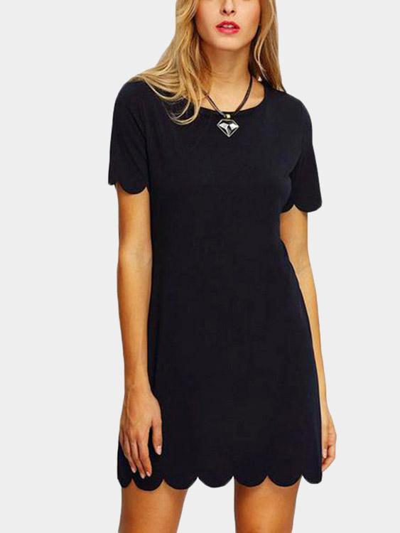 Navy Round Neck Short Sleeve Plain Mini Dresses