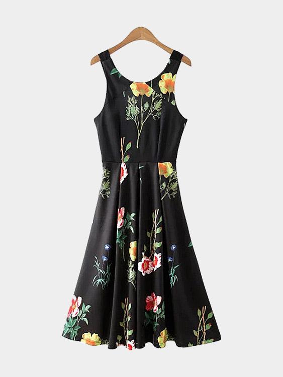 Crew Neck Sleeveless Floral Print Dresses