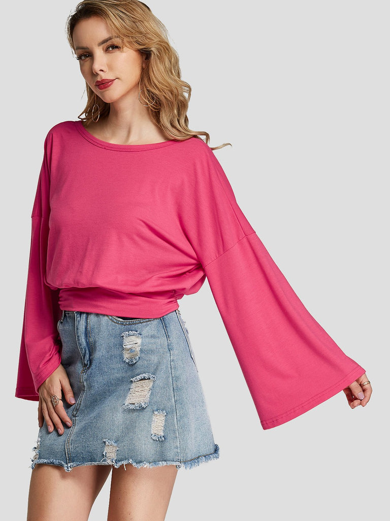 V-Neck Crossed Front Long Sleeve Rose T-Shirts