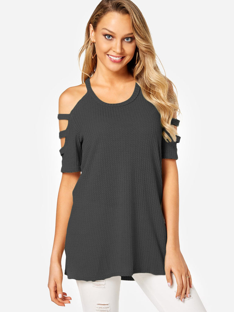 Cold Shoulder Half Sleeve Slit Hem Grey T-Shirts