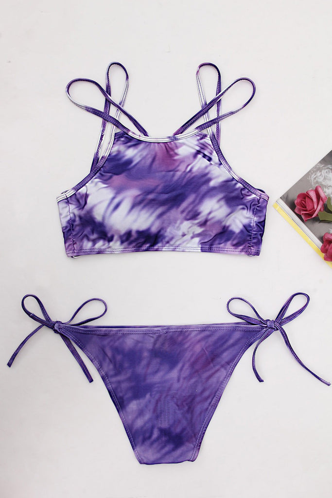 Round Neck Floral Print Backless Two Piece Bikinis