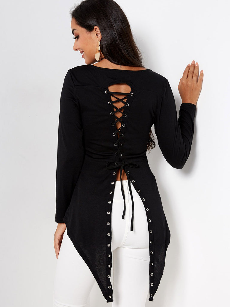 Scoop Neck Plain Lace-Up Long Sleeve Irregular Hem Black T-Shirts