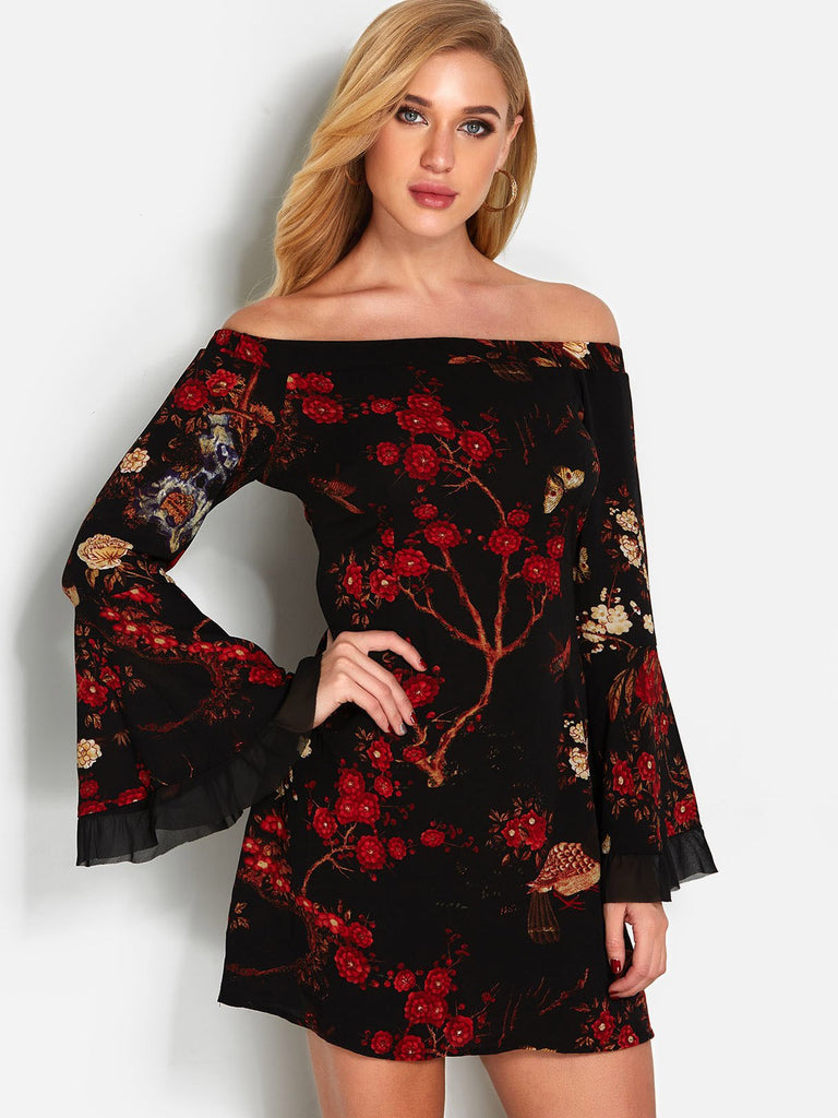 Black Off The Shoulder Long Sleeve Floral Print Lace Zip Back Dresses
