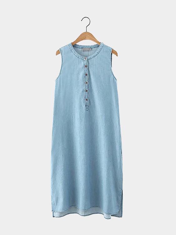 Blue Crew Neck Sleeveless Slit Hem Midi Dress