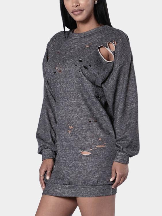 Grey Round Neck Long Sleeve Plain Bodycon T-Shirts