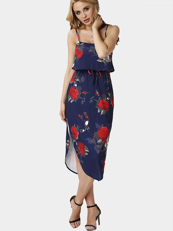 Sleeveless Floral Print Irregular Hem Maxi Dress