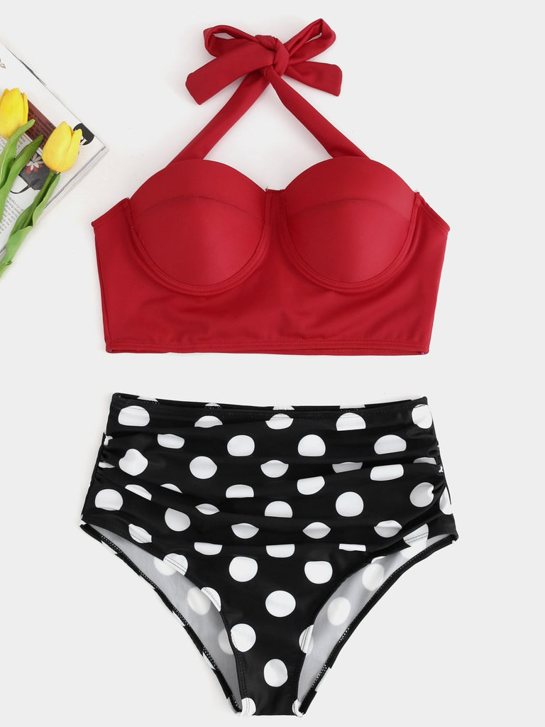 Red V-Neck Sleeveless Polka Dot Tie-Up High Waist 2 Piece Bikinis