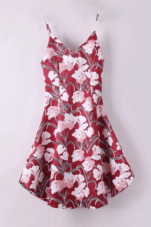 V-Neck Sleeveless Floral Print Curved Hem Dresses