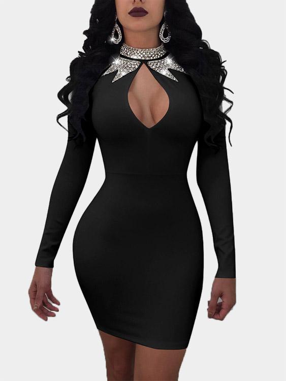 Black Crew Neck Long Sleeve Plain Zip Back Sequins Embellished Mini Dresses