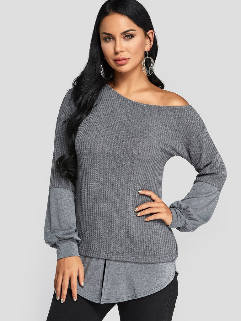 One Shoulder Long Sleeve Stitching Hem Grey T-Shirts