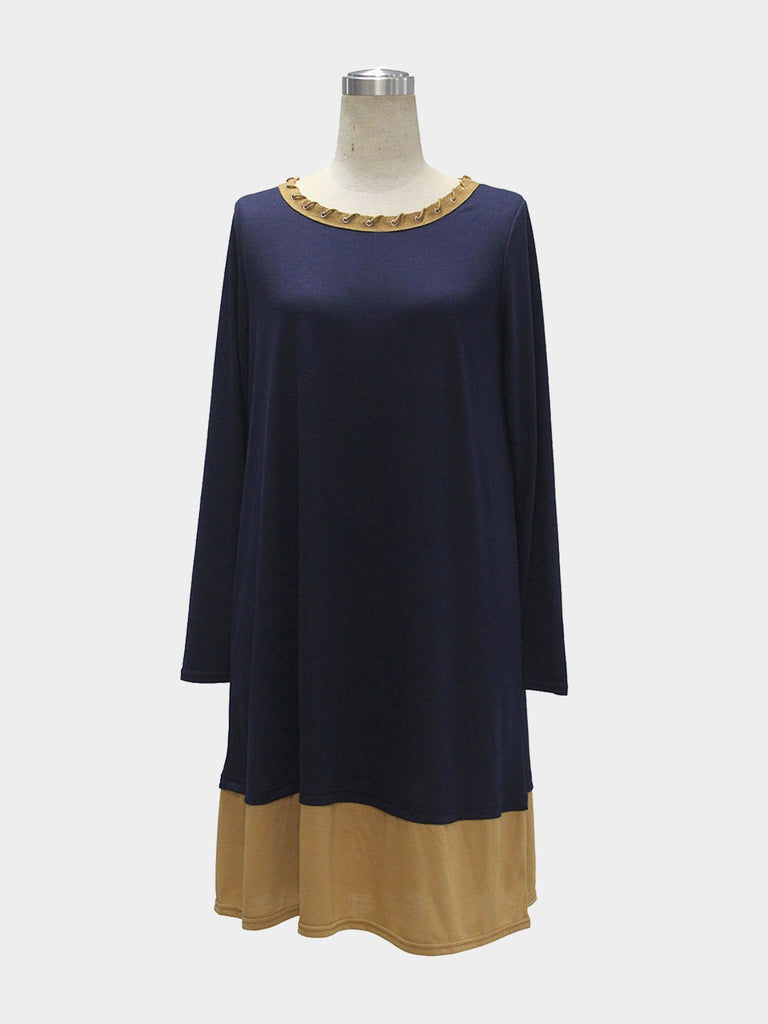 Round Neck Long Sleeve Stitching Hem Navy Casual Dresses