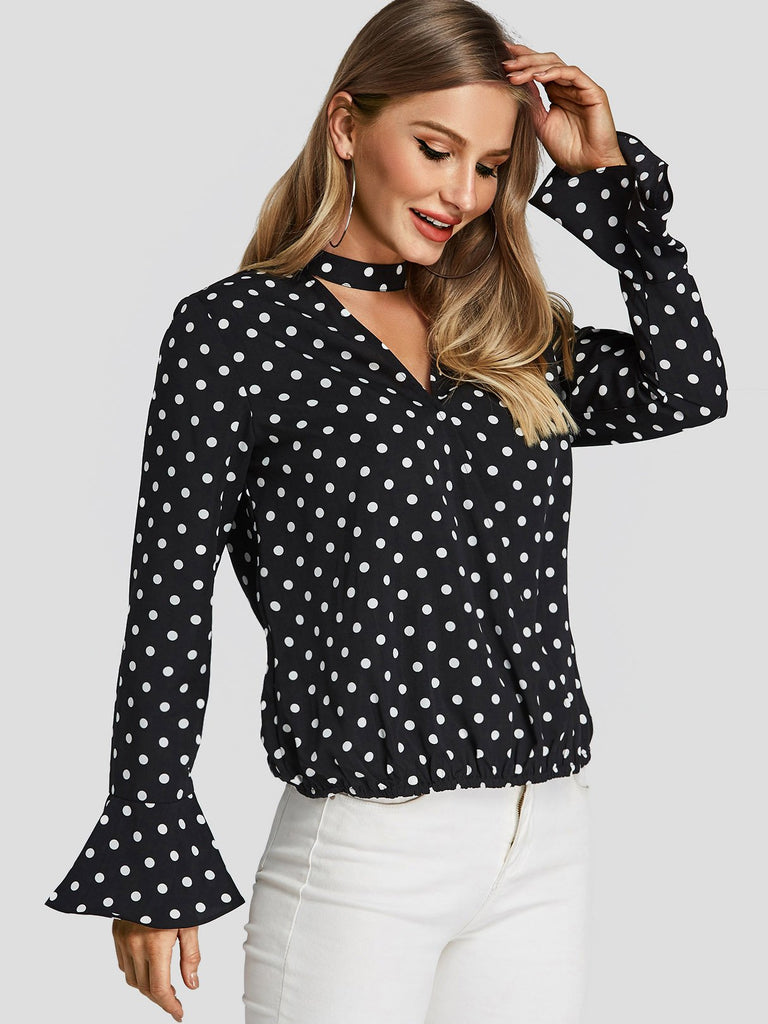 Polka Dot Cut Out Long Sleeve Black Blouses