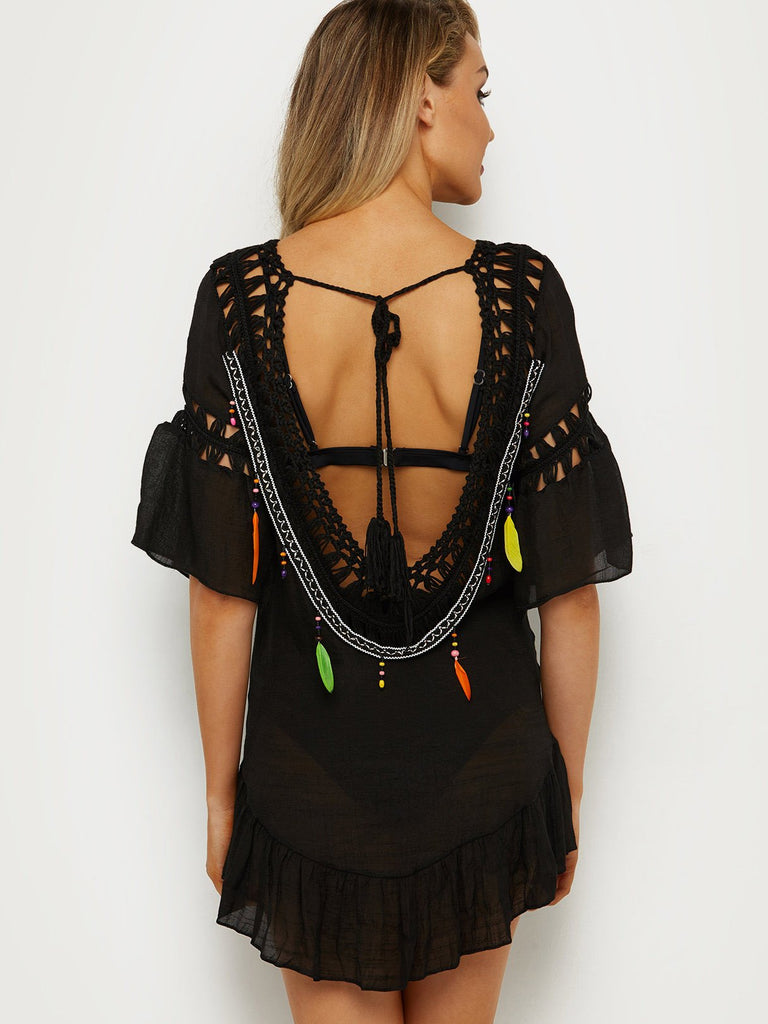 Black Round Neck Half Sleeve Embroidered Backless Hollow Lace-Up Beach Dresses
