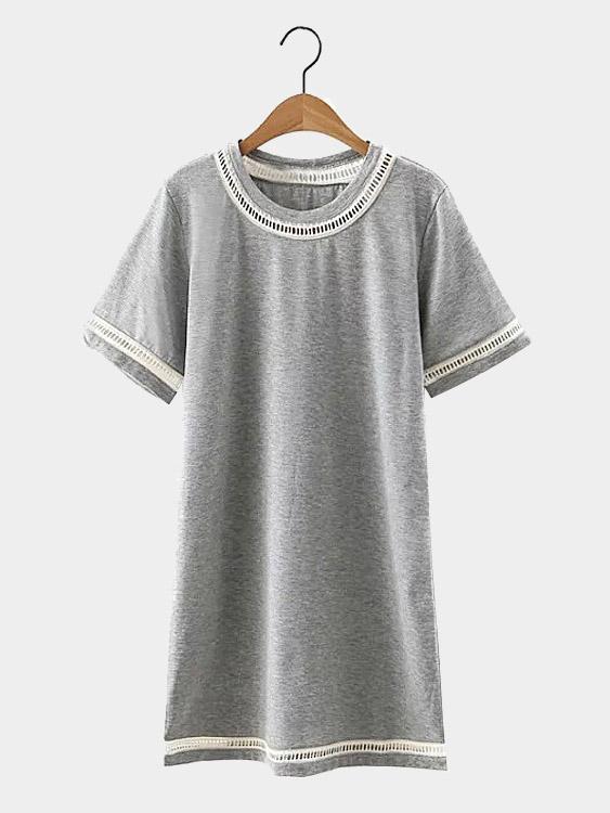 Grey Round Neck Short Sleeve Lace Mini Dresses
