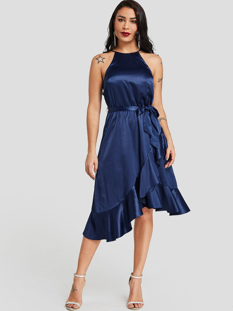 Navy Halter Sleeveless Zip Back Belt Irregular Flounced Hem Midi Dresses