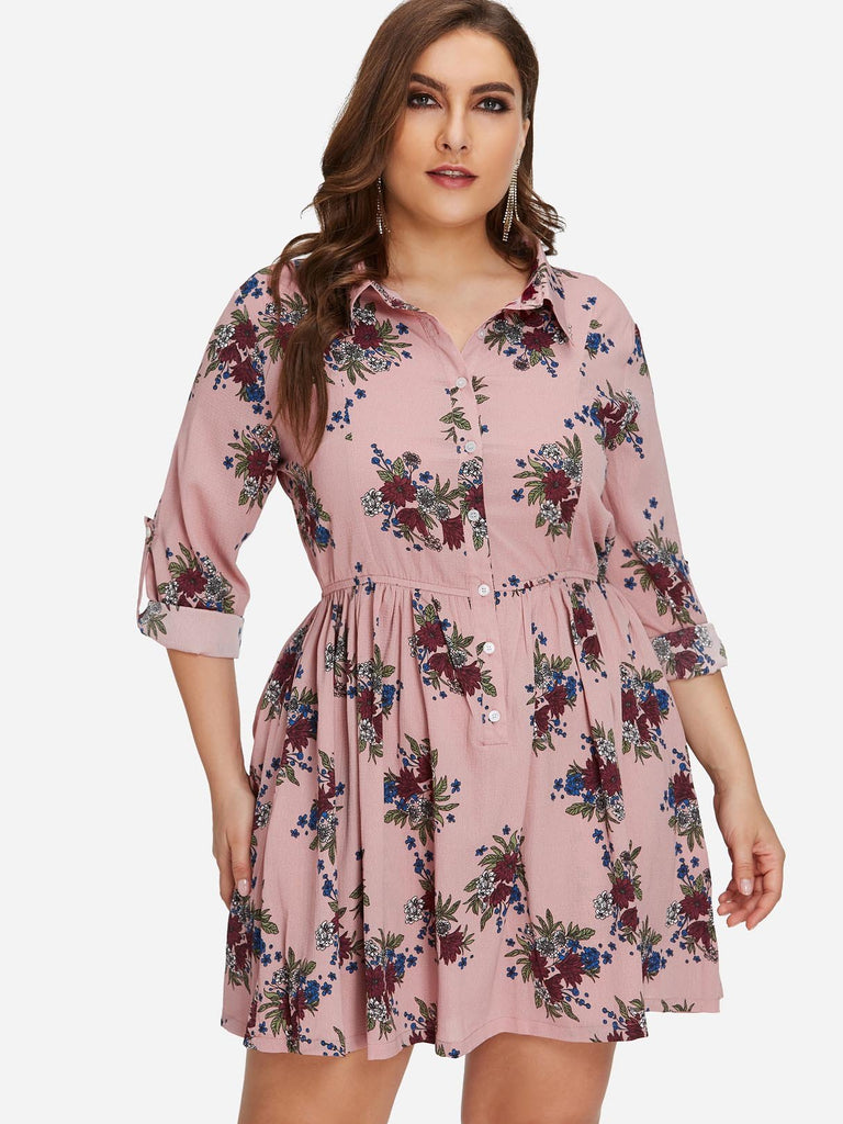 Classic Collar Floral Print Long Sleeve Pink Plus Size Dress