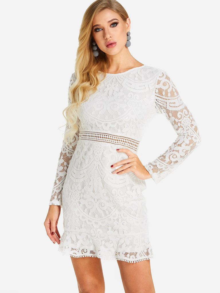 White Crew Neck Long Sleeve Lace Backless Mini Dress