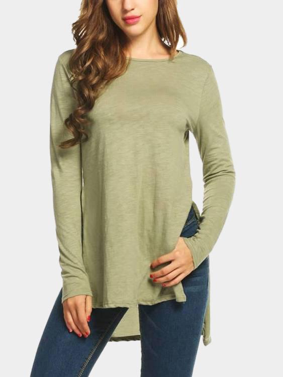 Round Neck Plain Long Sleeve Slit Hem T-Shirts