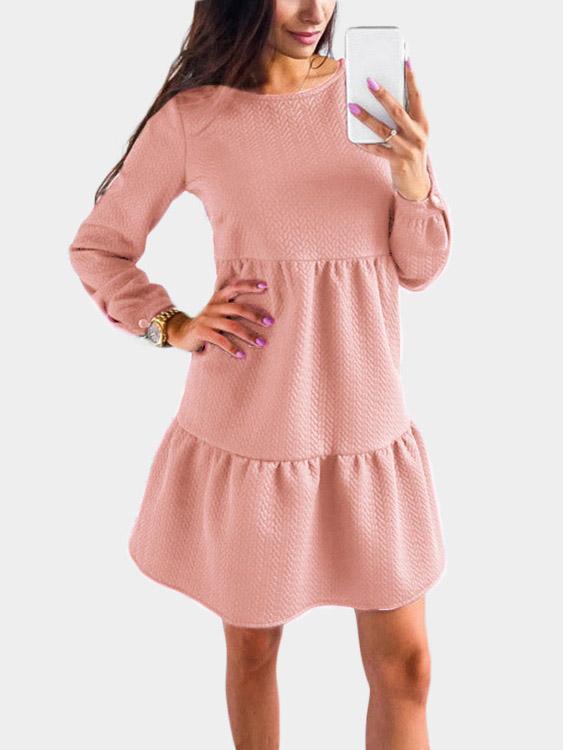 Pink Round Neck Long Sleeve Mini Dresses
