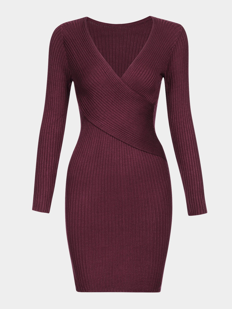 Burgundy V-Neck Long Sleeve Bodycon Hem Dresses