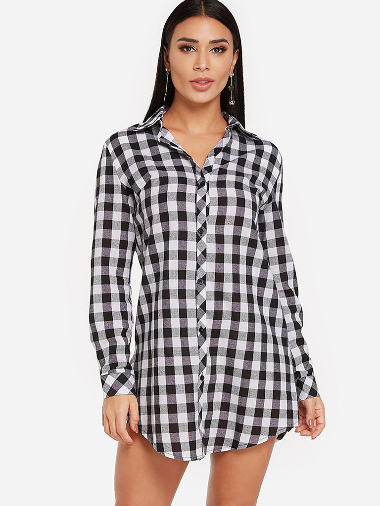 Grid Classic Collar Long Sleeve Grid Shirt Dress