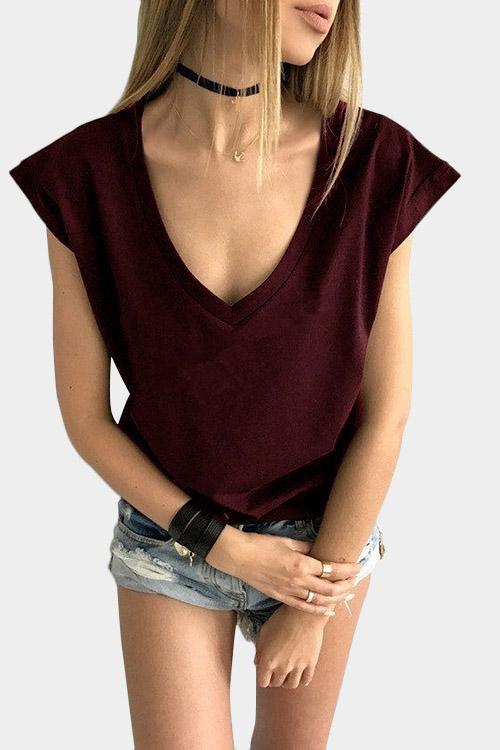 Deep V Neck Short Sleeve Burgundy T-Shirts