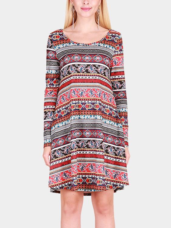 Round Neck Long Sleeve Geometrical Casual Dress