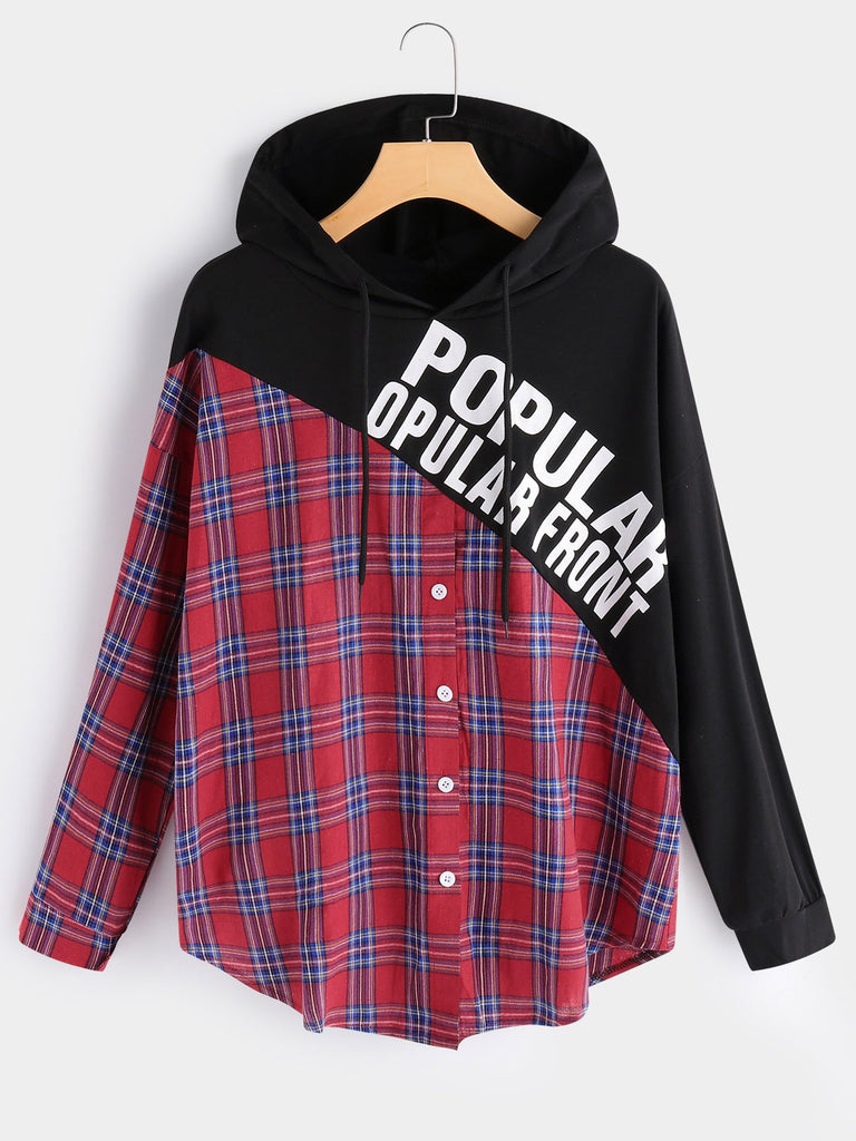 Grid Hooded Long Sleeve Plus Size Tops