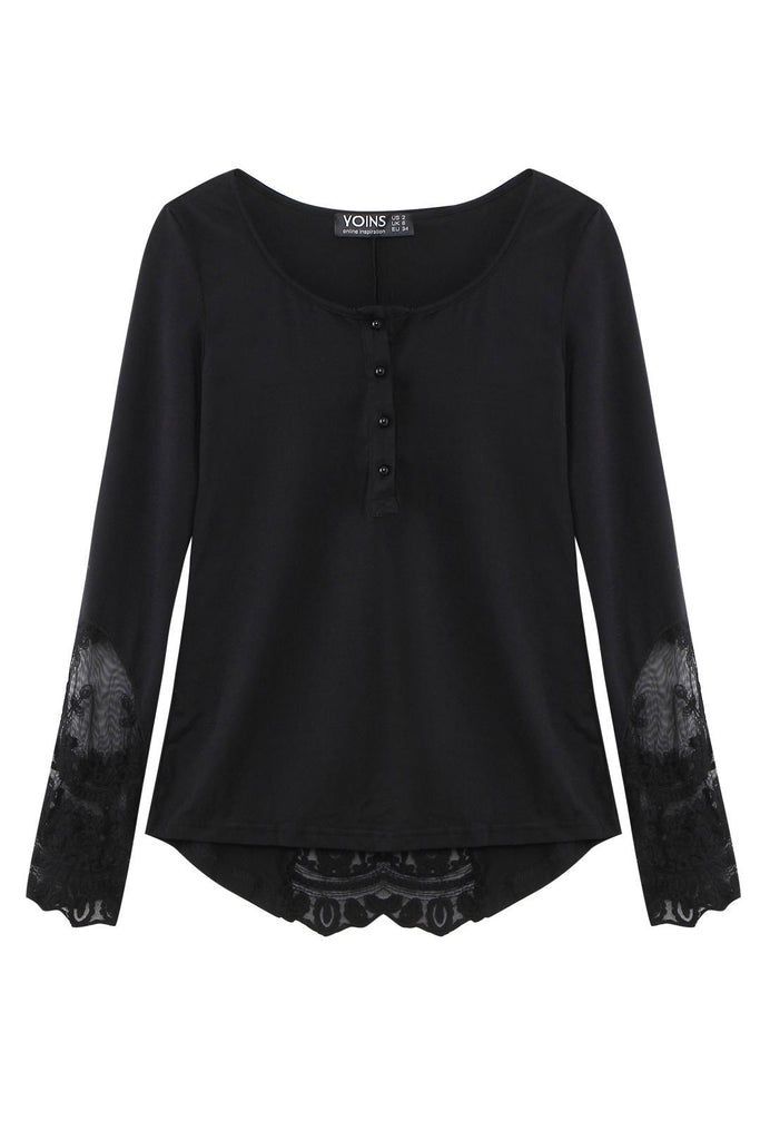 Round Neck Lace Long Sleeve Black Fashion Tee