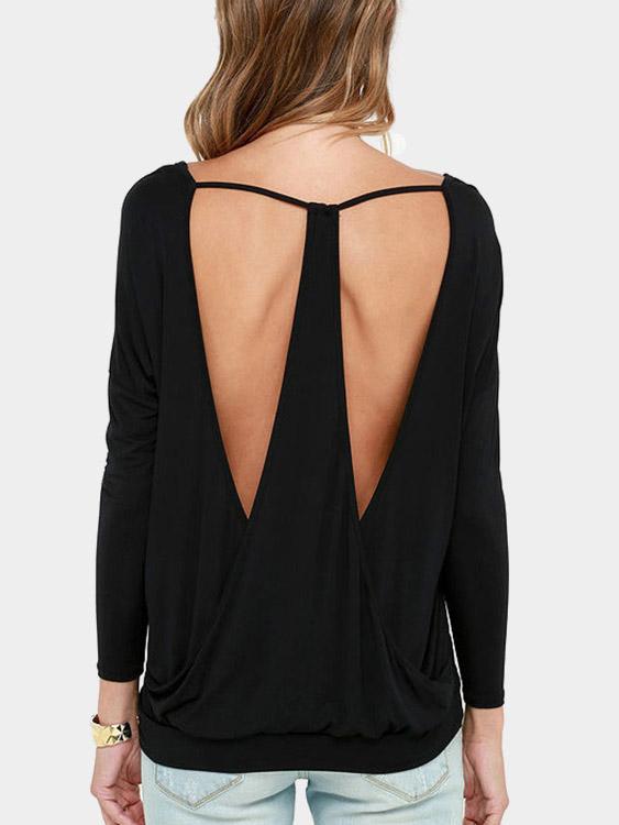 V-Neck Backless Long Sleeve T-Shirts