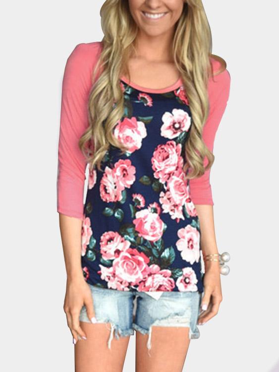 Round Neck Floral Print Long Sleeve Pink T-Shirts