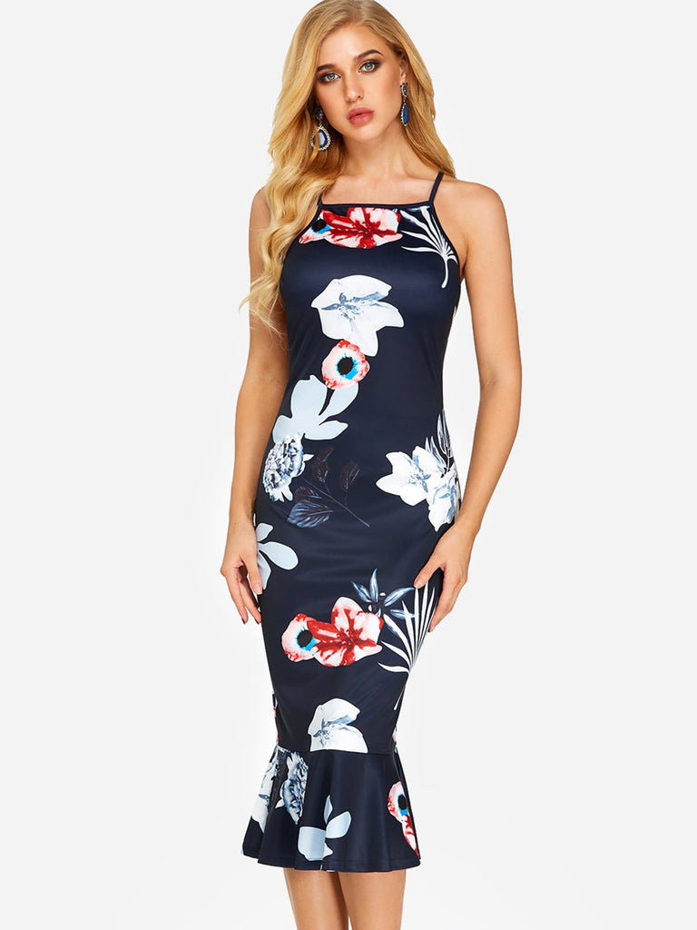 Navy Halter Sleeveless Floral Print Zip Back Flounced Hem Dresses