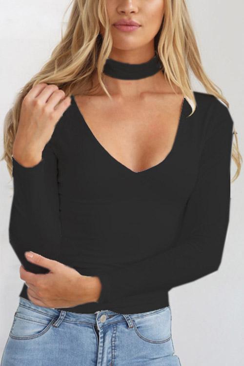 V-Neck Zip Back Long Sleeve T-Shirt