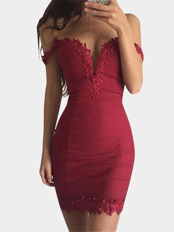 Burgundy Deep V Neck Short Sleeve Lace Bodycon Mini Dress