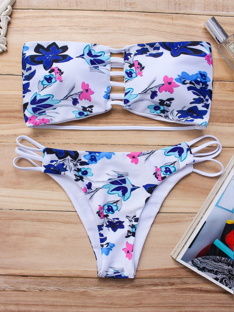 White Strapless Sleeveless Floral Print Cut Out Bikinis