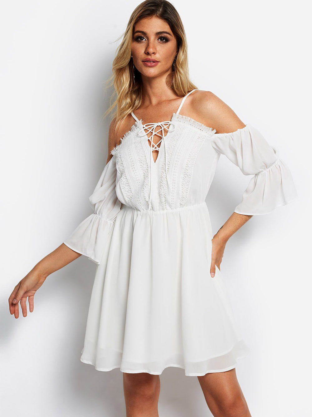 White V-Neck Cold Shoulder 3/4 Length Sleeve Lace Lace-Up Partially Lined Mini Dress