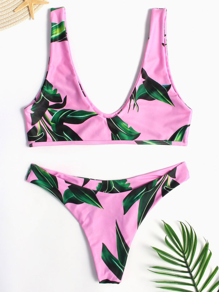 Pink Scoop Neck Sleeveless Printed Wireless Two Piece Bikinis