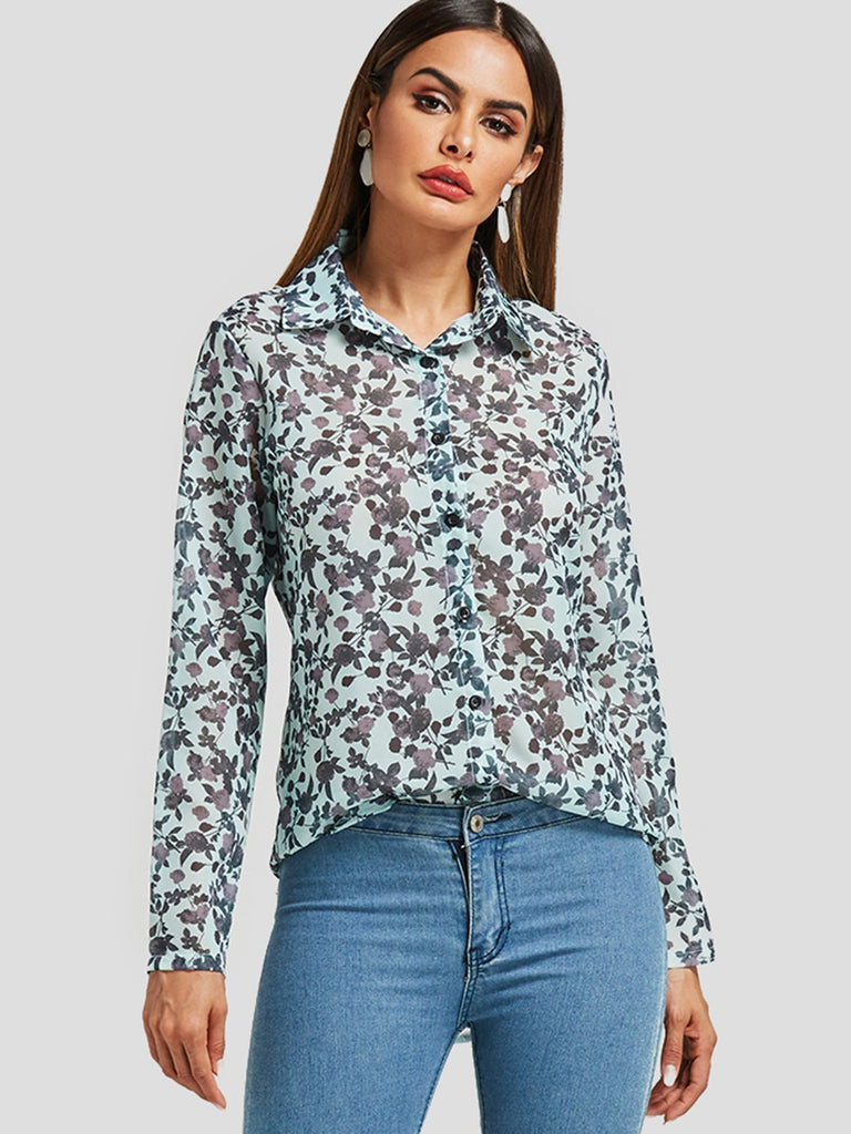 Random Floral Print See-Through Long Sleeve Blouses